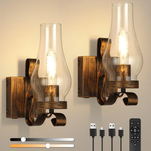 Miniatura 13 de Vintage Farmhouse Wall Sconces, Battery Operated Wall Lamps, Rechargeable Wall Lights, Ice Crackle Glass Rustic Non-Hardwired Antique Kerosene Wall