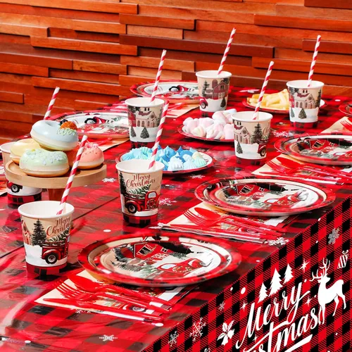 Miniatura 3 de Juego de vajilla desechable de 194 piezas de Feliz Navidad, suministros de fiesta de Navidad a cuadros, incluye platos de camión rojos, tazas