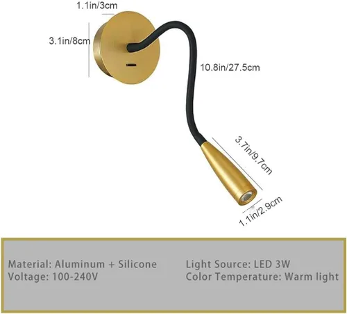 Miniatura 2 de Manguera de cuello de cisne flexible LED para pared, luz de lectura enfocada para dormitorio, lámpara de pared ajustable para cabecero de noche