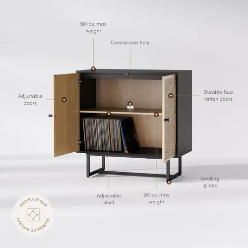 Miniatura 4 de Nathan James Kova - Aparador de almacenamiento de ratán con marco de madera y metal mate, estantes interiores ajustables y puertas de caña