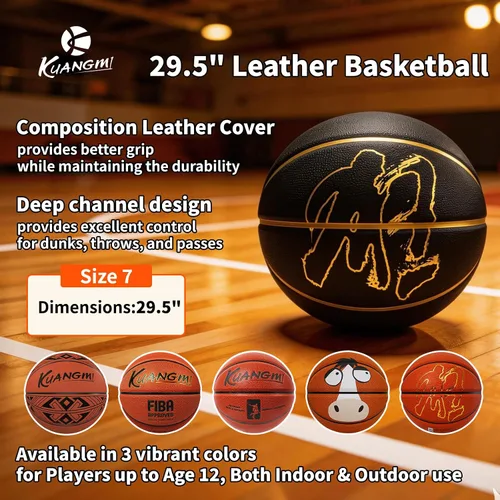 Miniatura 2 de Kuangmi Balón de baloncesto de la serie auténtica, hecho para pelotas de juego en interiores y exteriores, tamaño oficial 7/6/5, 29.5 pulgadas, 28.5