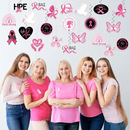 Miniatura 5 de 60 piezas de remolinos de fiesta de concientización sobre el cáncer de mama, cinta rosa, remolinos colgantes, esperanza, fuerza, coraje, fe, negro