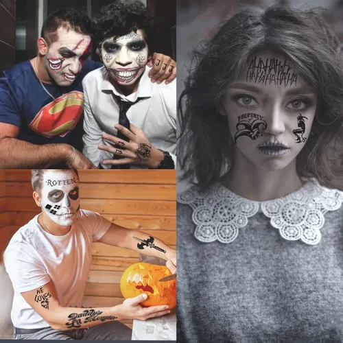 Miniatura 8 de 23 hojas de tatuajes de bromista de Halloween para hombres, mujeres y adultos, tatuajes temporales falsos de cara de Halloween, serpiente