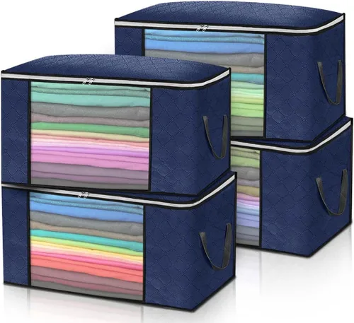 Miniatura 8 de Bolsas de almacenamiento grandes de 90 litros, paquete de 4 organizadores plegables para armario y almacenamiento con asas duraderas, tela gruesa