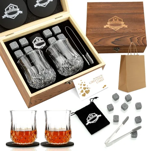 Juego de caja de regalo con piedras y vaso para whisky, 8 rocas enfriadoras de granito para whisky + 2 vasos en caja de madera, regalo para hombres,