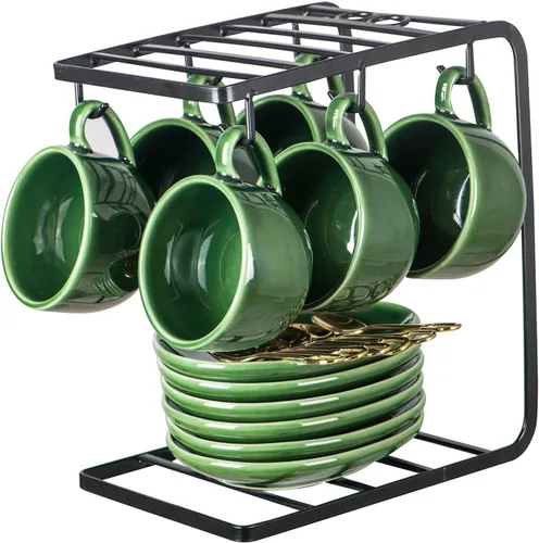 vicrays Tazas de café espresso de cerámica, juego de tazas de café expreso de porcelana de 4 onzas con platillos cucharas y soporte de metal para