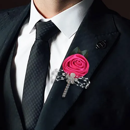 Miniatura 12 de Boutonniere de flores artificiales, paquete de 2 piezas para boda, tela de seda sintética, rosa Boutonniere para iglesia, boda, equipo, novio, Rosa