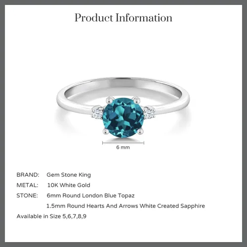 Miniatura 7 de Gem Stone King Anillo de compromiso de oro blanco de 10 quilates con topacio azul Londres y zafiro blanco creado para mujer 078 quilates redondo