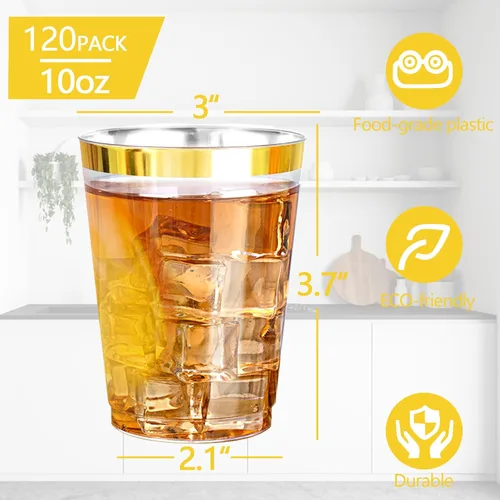 Miniatura 2 de Ciaell 120 vasos de plástico dorados, vasos de plástico transparente resistentes de 10 onzas con borde dorado, vasos desechables con borde dorado