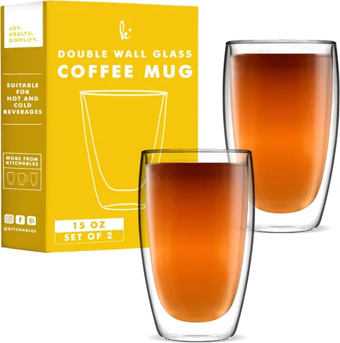 Kitchables Juego de 2 tazas de café de vidrio de doble pared, tazas de café de vidrio aisladas de 15 onzas para capuchino, latte, té, café expreso,