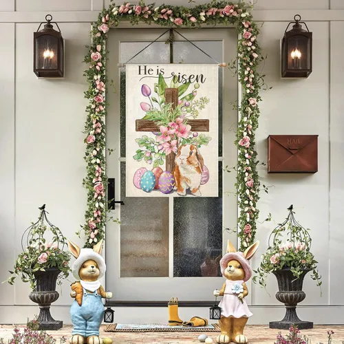 Miniatura 5 de Bandera de Pascua para exteriores, cruz religiosa con huevos de conejo, flores, banderas de patio para exteriores, bandera decorativa de primavera