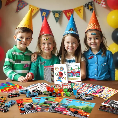 Miniatura 7 de BenLouis 84 piezas de recuerdos de fiesta con tema de carreras, libros para colorear, crayolas, stickers, set a granel para niños, ruedas