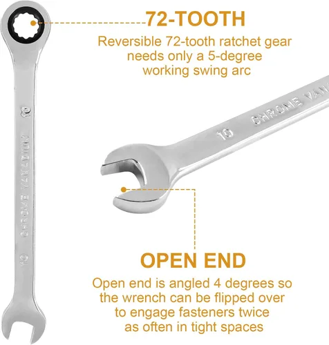 Miniatura 3 de Llave de trinquete reversible de acero CR-V, SAE y métrica, 2 unidades, 0.394 in, 72 dientes