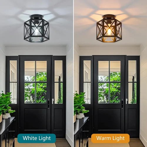 Miniatura 5 de XSDeTu Paquete de 2 Luces de Techo Semiempotradas Estilo Granja, Accesorio de Luz Industrial Negra para Pasillo, Pequeña Jaula de Metal Pegada al