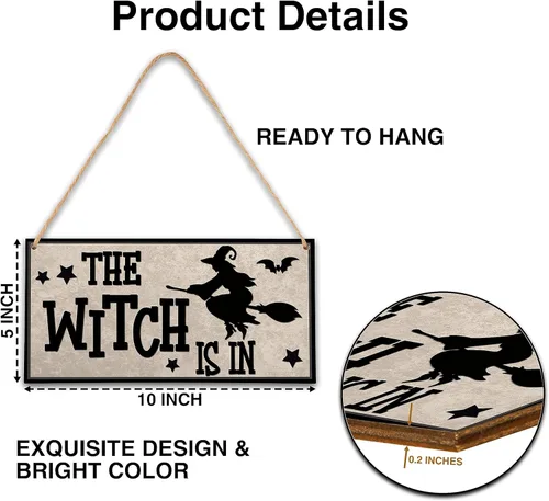Miniatura 2 de ZIIUFRN Wswood-A14 - Decoración de terror de Halloween con texto en inglés "The Witch is in Halloween", letrero de puerta de madera para puerta La