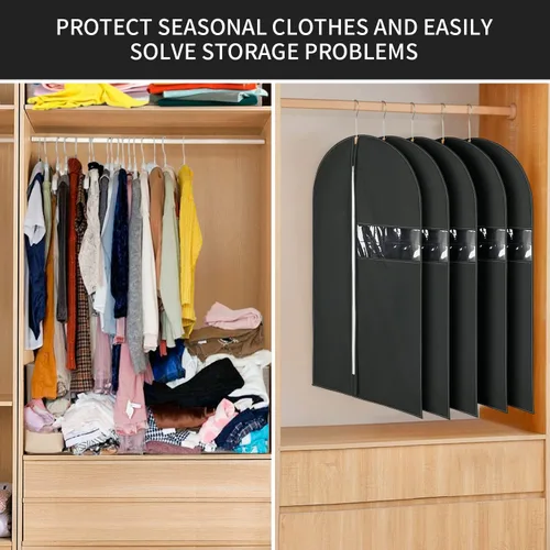 Miniatura 5 de Paquete de 6 bolsas de ropa de 24 x 40 pulgadas para almacenamiento de tela no tejida, bolsas de vestir negras para colgar ropa, bolsas de traje