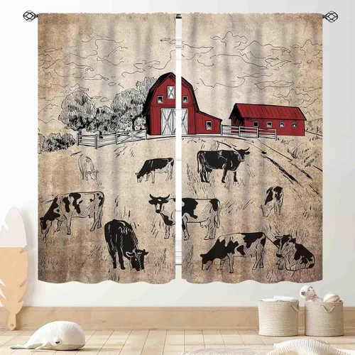 Cortinas de cocina de granja, animales de granja rústicas, ganado lechero, vaca, granero, estilo rural, vintage, para ventana de ganado, cortinas