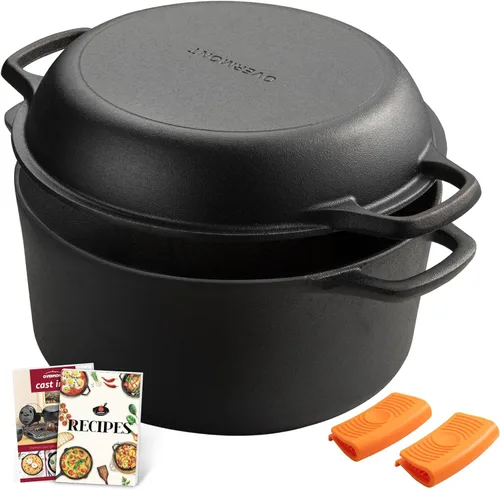 Miniatura 9 de Overmont Olla holandesa 2 en 1 de hierro fundido pre-curada con tapa de sartén para inducción, eléctrico, parrilla, cocina, barbacoa, campamento