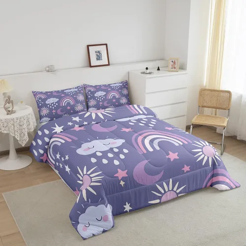 Miniatura 3 de Erosebridal Juego de ropa de cama de arcoíris y nubes para guardería, tamaño individual, juego de edredón lindo de sol y luna para niños y niñas