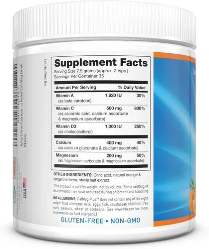 Miniatura 4 de Suplemento en polvo de calcio y magnesio - CalMag Plus con vitamina C y D3 - Sin gluten, sin OMG, sabor naranja y mandarina, bebida Cal Mag