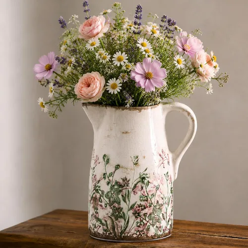 Jarrón Pitcher Floral Vintage Rosa y Verde con Asa, Florero de Flores de Cerámica Estilo Granja, Decoración de Campo Francés, Centro de Mesa Rosa-