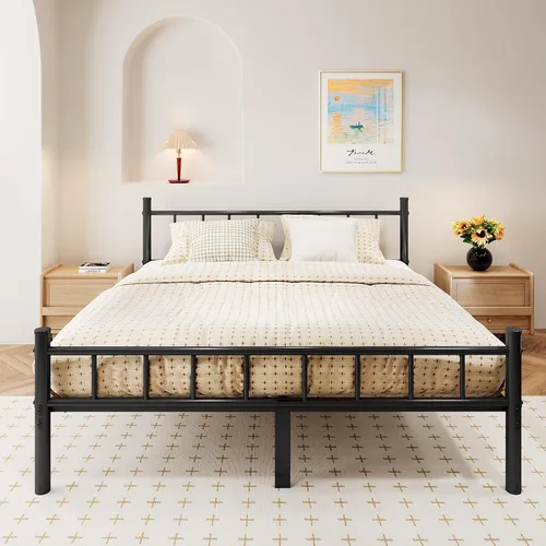 zizin Estructura de cama de metal tamaño completo con cabecera y pie de cama, plataforma de metal de 14 pulgadas, base de colchón con listones de