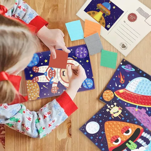 Miniatura 6 de Adhesivo de mosaico, kit de arte hecho a mano para niños, girasol, mariposa, velero, pájaro carpintero, globo aerostático, astronauta, cohete, nave