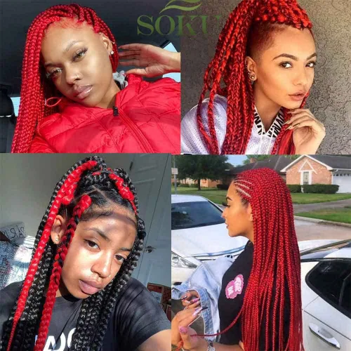 Miniatura 5 de SOKU - Cabello trenzado rojo preestirado de 24" de largo, 4 paquetes de fibra sintética trenzada con ganchillo, textura suave Yaki recta 4 paquetes