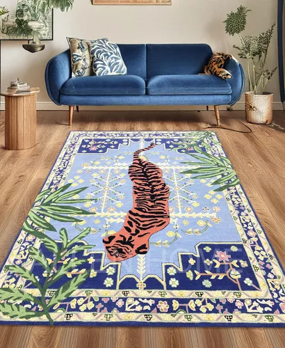 Miniatura 6 de Alfombra de lana con estampado de tigre copetudo a mano, 6 x 9 pies, duradera, 100% lana, para sala de estar, comedor, dormitorio y entrada, Bengal