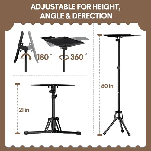 Miniatura 2 de KOOV Soporte para proyector de altura ajustable de 20 a 61 pulgadas, soporte de trípode plegable para proyector con bandeja para mouse y soporte