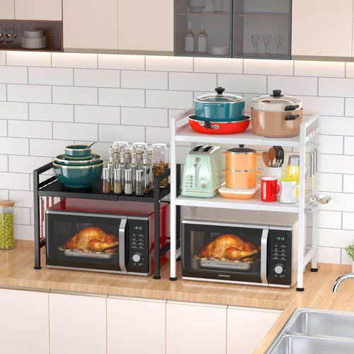 Miniatura 8 de PUSDON Estante para horno microondas negro texturizado, organizador de encimera de cocina expandible de 2 niveles, soporte de acero al carbono