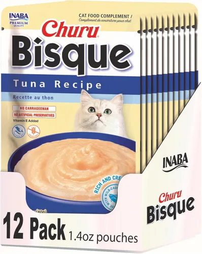 Miniatura 11 de INABA Churu Bisque para gatos, plato de puré cremoso para lamer con vitamina E, 1.4 onzas por bolsa, 12 bolsas, receta de pollo