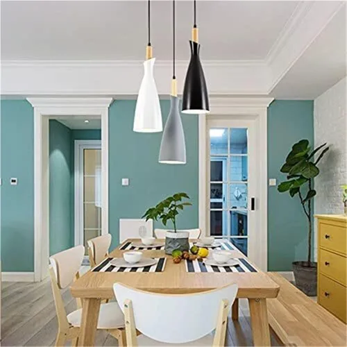 Miniatura 2 de Modern Wood Pendant Light Metal Shade Hanging Chandelier Adjustable Stylish Ceiling Fixture with E27 Socket for Kitchen Island Dining Room Bedside