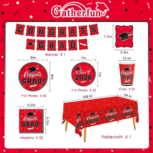 Miniatura 2 de Gatherfun suministros para fiesta de graduación 2022, para 25 comensales, vajilla roja y desechable de papel, con platos, servilletas, vasos, mantel