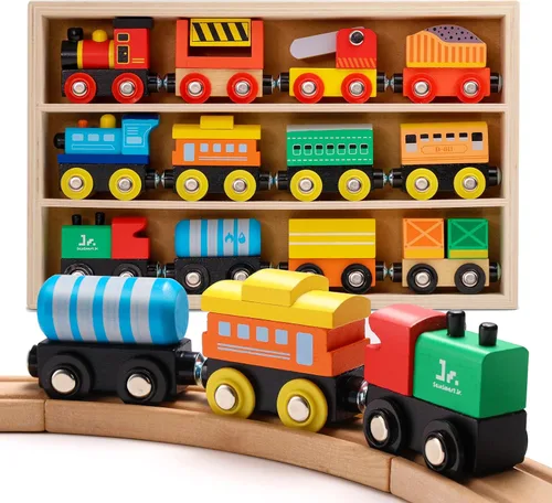 SainSmart Jr. Juego de Tren de Madera de 12 Piezas - Juguetes de Tren con Caja de Almacenamiento, Trenes de Juguete Magnéticos Compatibles con Todas