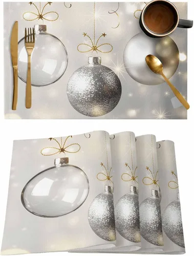 Juego de 6 manteles individuales de bolas de Navidad para mesa de comedor, paño de lino de algodón para mesa cuadrada/rectangular/redonda,