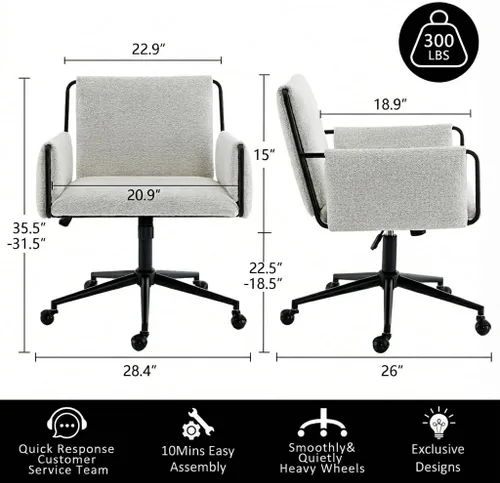 Miniatura 2 de YOUNIKE Silla de oficina en casa con brazos, silla de escritorio moderna con ruedas, sillas de tocador de tela con cómodas patas cruzadas traseras