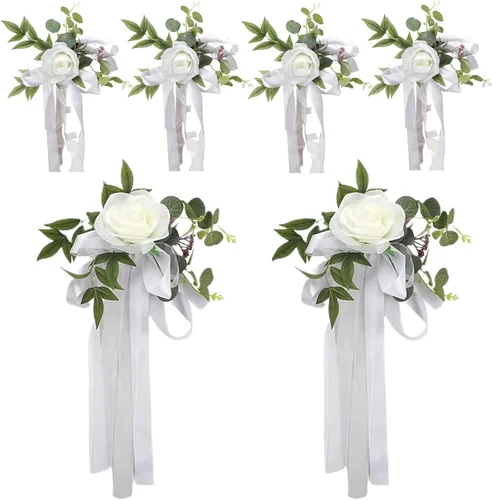 Miniatura 2 de Decoraciones de pasillo para ceremonia de boda, 6 piezas de rosas artificiales para decoración de pasillo de boda con cintas, decoración floral