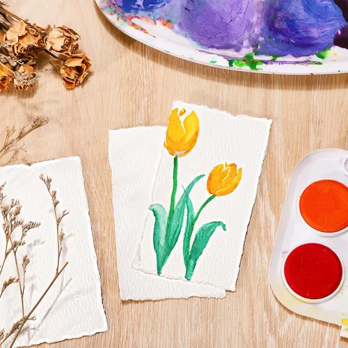 Miniatura 5 de Prudiut 25 hojas de papel de acuarela de algodón con borde deckled de 300 GSM, 2 x 3.5 pulgadas, blanco, texturizado, ideal para pintura