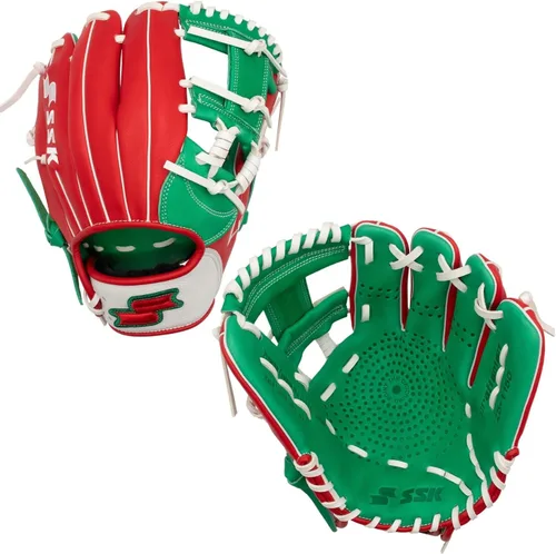 SSK Z5 Craftsman Guante de béisbol para infield – 11.25” - 11.5” - 11.75” - 12” – Lanzamiento con mano derecha y izquierda Rojo/Verde Kelly/Blanco