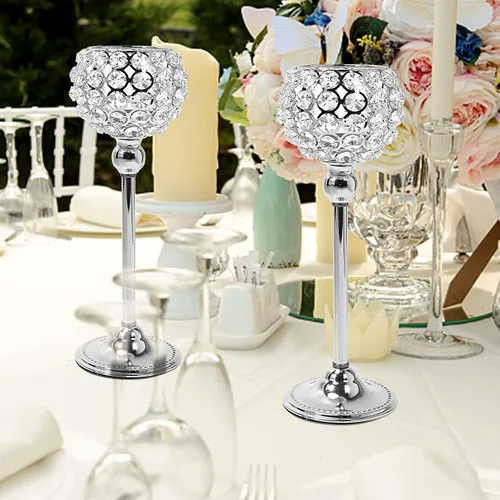 Miniatura 5 de Juego de 2 candelabros de cristal plateado para mesa de comedor, centro de mesa, decoración de mesa para comedor, sala de estar, café, mesa de Plata