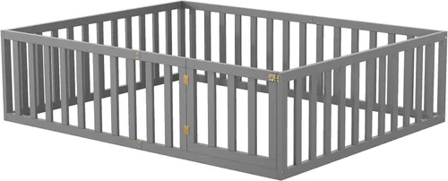 Miniatura 5 de Bellemave Cama de suelo Queen para niños, marco de cama Montessori con barandillas y puerta en forma de valla, cama Queen de madera para niños, Gris