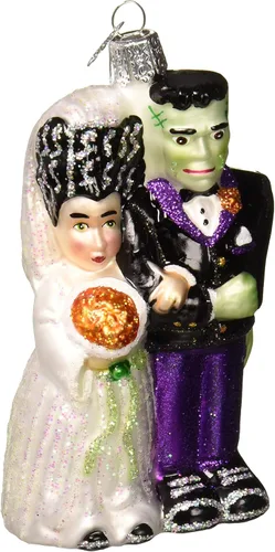 Old World Christmas Frankenstein & Bride - Adorno de vidrio soplado para árbol de Navidad, decoración navideña artesanal, colección de Halloween