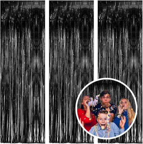 Paquete de 3 cortinas de fondo de flecos negros para decoración de fiesta de Halloween, cortinas de papel de oropel negro, telón de fondo de cabina
