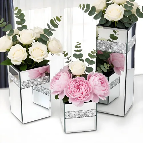 Miniatura 2 de ALLARTONLY Juego de 3 Piezas de Jarrón Espejo de Diamante Triturado Tamaño Pequeño, Mediano, Grande. Jarrón Decorativo de Lujo de Cristal Espejo