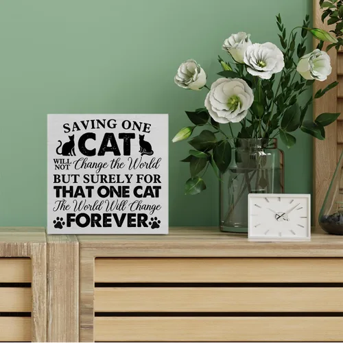 Miniatura 5 de Cartel de madera rústico para amantes de los gatos, decoración de escritorio, Saving One Cat Will Not Change the World, letrero de madera