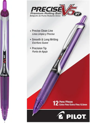 Pilot Precise V5 RT - Bolígrafos de tinta líquida recargables y retráctiles, punta extrafina (0.5 mm.), tinta morada, paquete de 12 (26066)