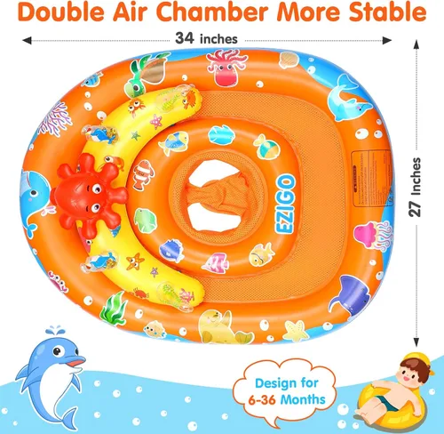 Miniatura 4 de EZIGO Baby Pool Float with Canopy UPF 50+ Sun Protection, Double Air Chambers Infants Swimming Floats with Sound Toys Adjustable Safety Seat Toddler