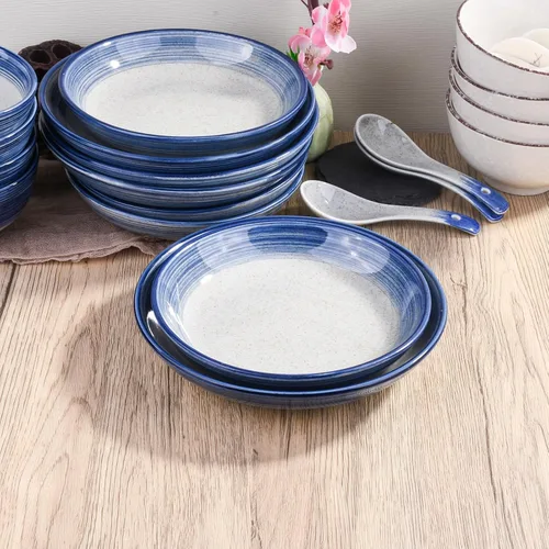 Miniatura 4 de Juego de vajilla de cerámica azul de 4 piezas, plato, plato, cuenco, cuchara, juego de vajilla de porcelana japonesa pintada a mano, una buena YL.