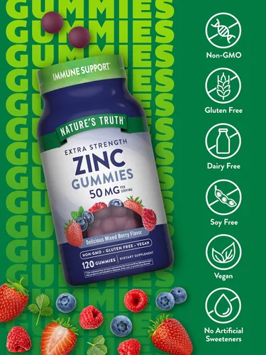 Miniatura 3 de Nature's Truth Gomitas de zinc para adultos 50 mg 120 unidades Suplemento vegano, sin OGM y sin gluten Sabor mixto de bayas